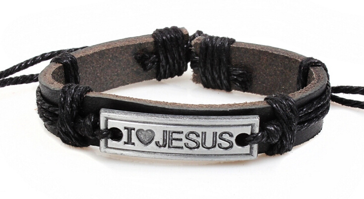 Браслет кожаный: &quot;I love Jesus&quot; на пластине /разные цвета/
