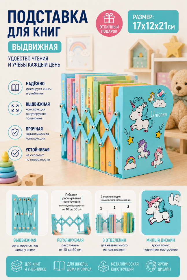 ПОДСТАВКА ДЛЯ КНИГ ВЫДВИЖНАЯ /Бирюзовый цвет/