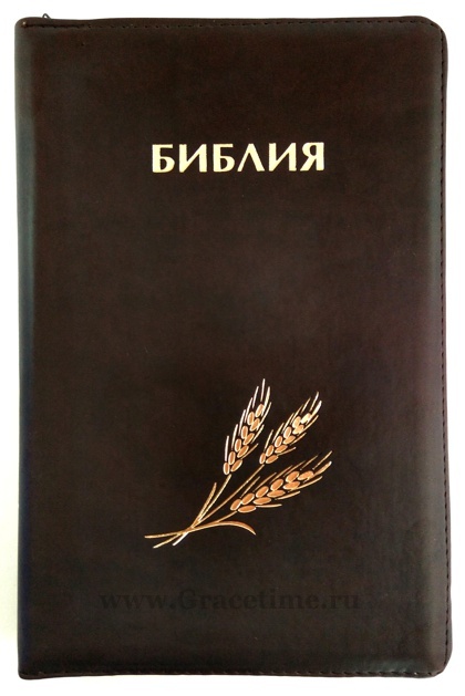 БИБЛИЯ КАНОНИЧЕСКАЯ (145х220) Кожаный переплет, коричневый цв., индексы, золотой обрез, замок, колос