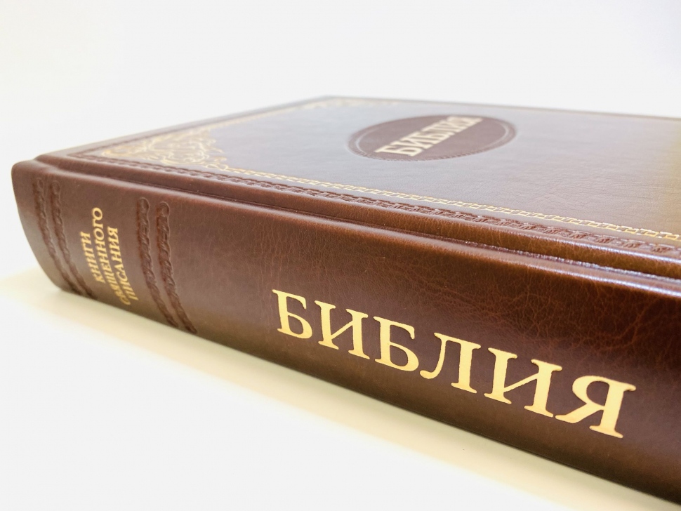 БИБЛИЯ 087 TI Коричневый, золотая рамка, тв. переплет, кожа, индексы, в футляре /250х300/