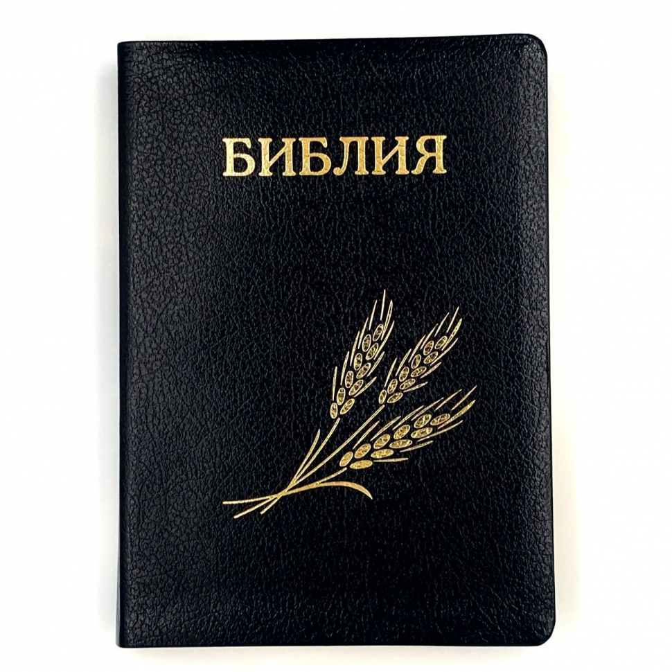 БИБЛИЯ СЕМЕЙНАЯ 076 формат. Дизайн &quot;колос&quot;, надпись &quot;Библия&quot;, кожаный переплет, черная, золотой обрез, параллельные места, крупный шрифт, синодальный перевод /240х175/