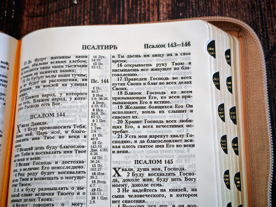 БИБЛИЯ 048 Z. Бежевая, кожаный переплет, молния, золотой обрез, параллельные места, крупный шрифт, синодальный перевод /180х120/